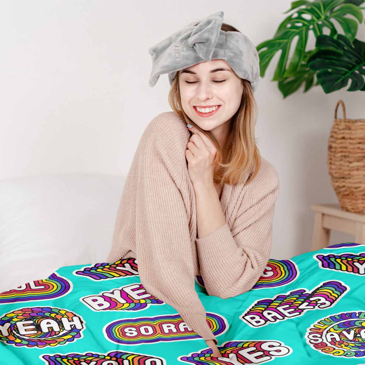 Originele therapiedeken - katoenen hoes turquoise met spreuken