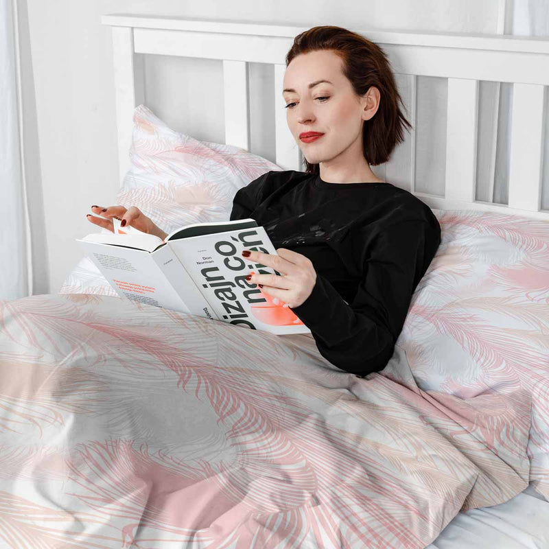 Therapy blanket bedding set, white with pink feathers.