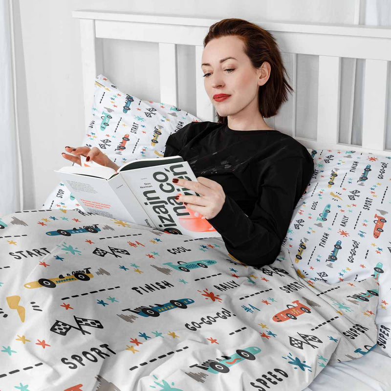 Therapy blankets and bedding set, white with racing cars.