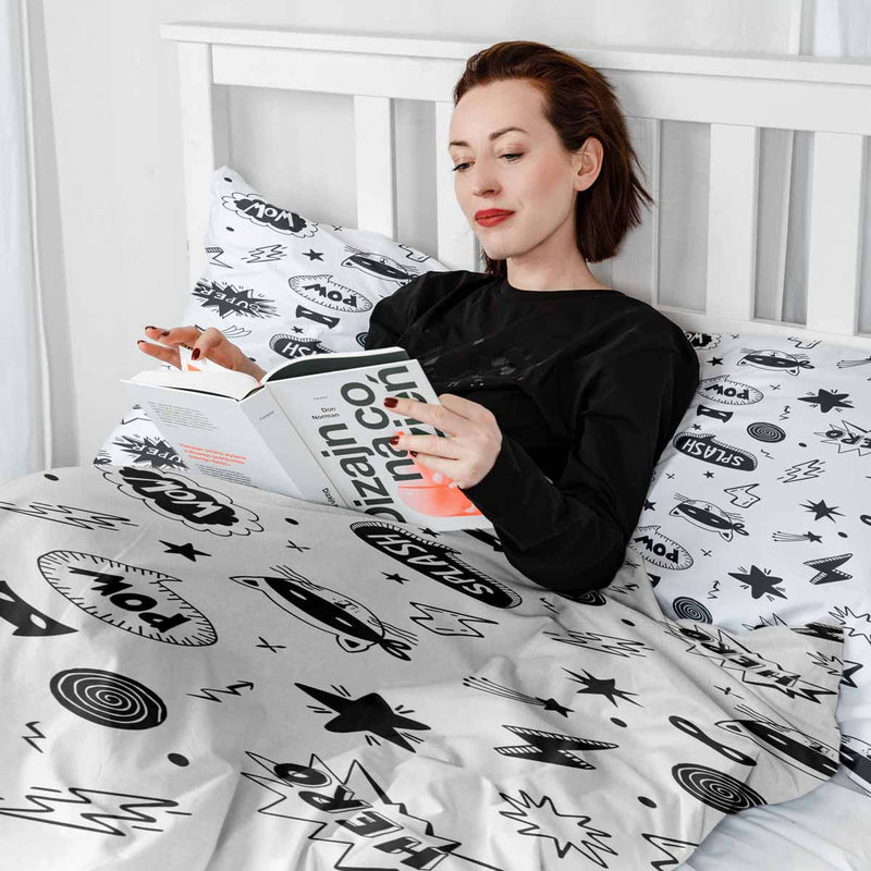 Therapy blanket bedding set, white with superheroes.