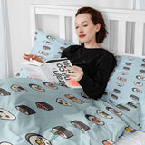 Therapy blanket and bedding set, light blue with sushi.