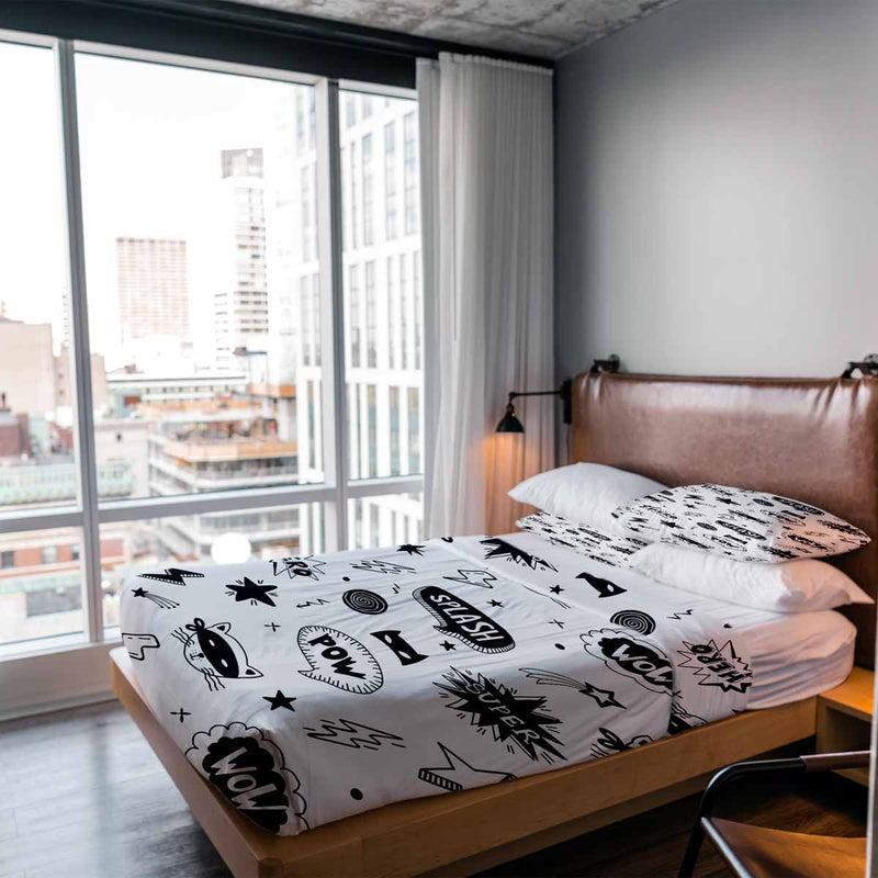 Therapy blanket bedding set, white with superheroes.