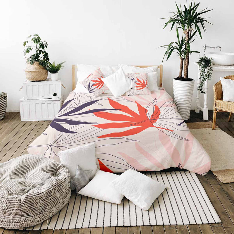 Therapy blanket and bedding set, beige with colorful leaves.