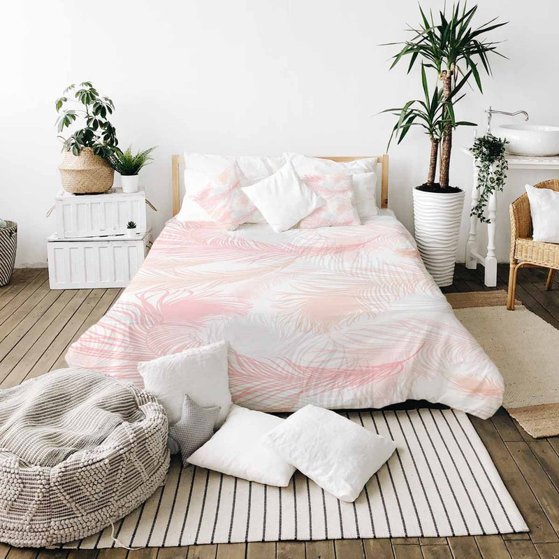 Therapy blanket bedding set, white with pink feathers.