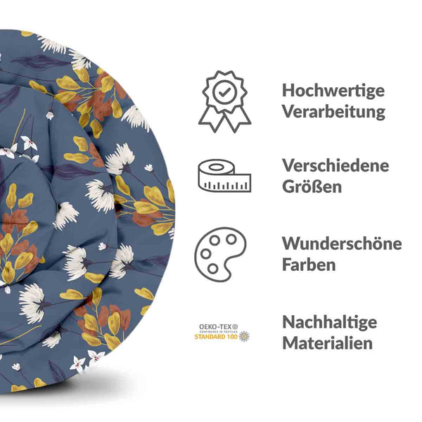 Therapy blanket and bedding set, blue with bouquet of flowers.