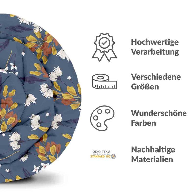 Therapy blanket and bedding set, blue with bouquet of flowers.