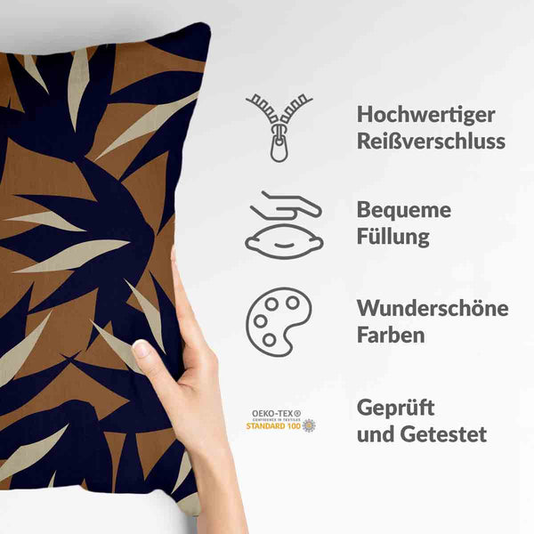 Health pillow, brown with blue leaves.