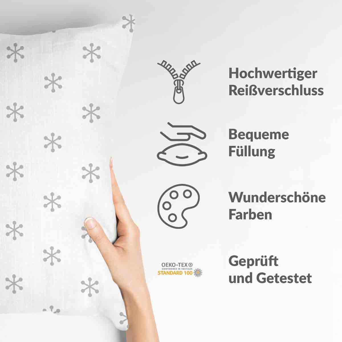 Almohada de salud blanca con copos de nieve grises