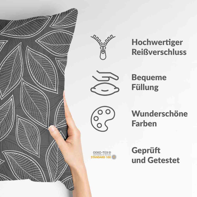 Health pillow, grey with white palm leaves.
