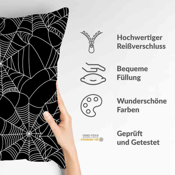Health pillow, black with spiderweb pattern.