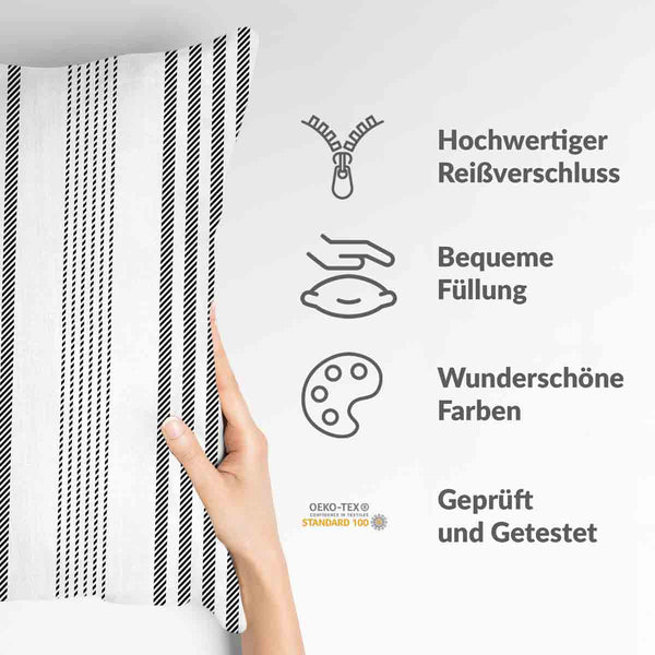 Health pillow, grey with thick and thin stripes.