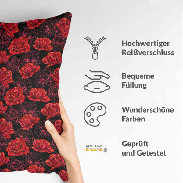 Health pillow, black with red roses.