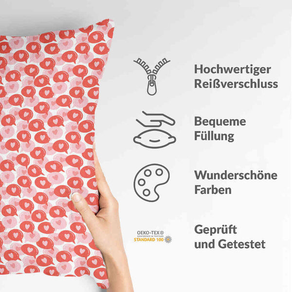 Health pillow with speech bubble and heart.