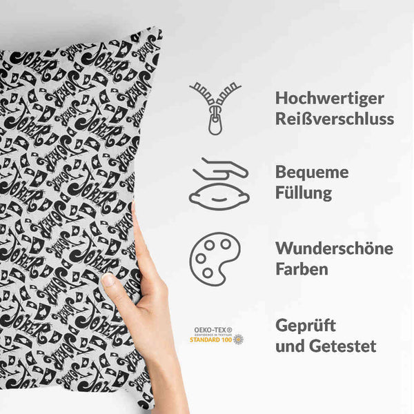 Health pillow with the inscription "Joker" in black.