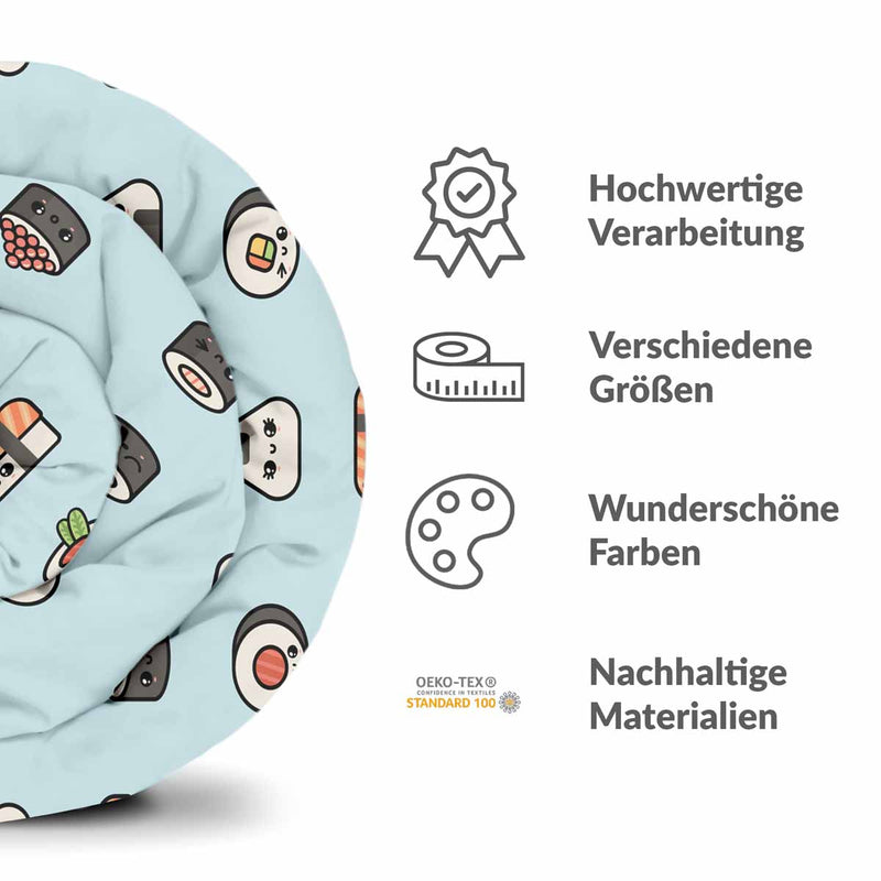 Therapy blanket and bedding set, light blue with sushi.