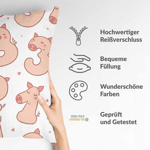 White health pillow with numbers and pigs