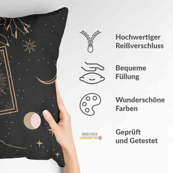 Almohada de salud negra con sol, luna y estrellas
