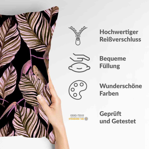 Health pillow, black with purple leaves.