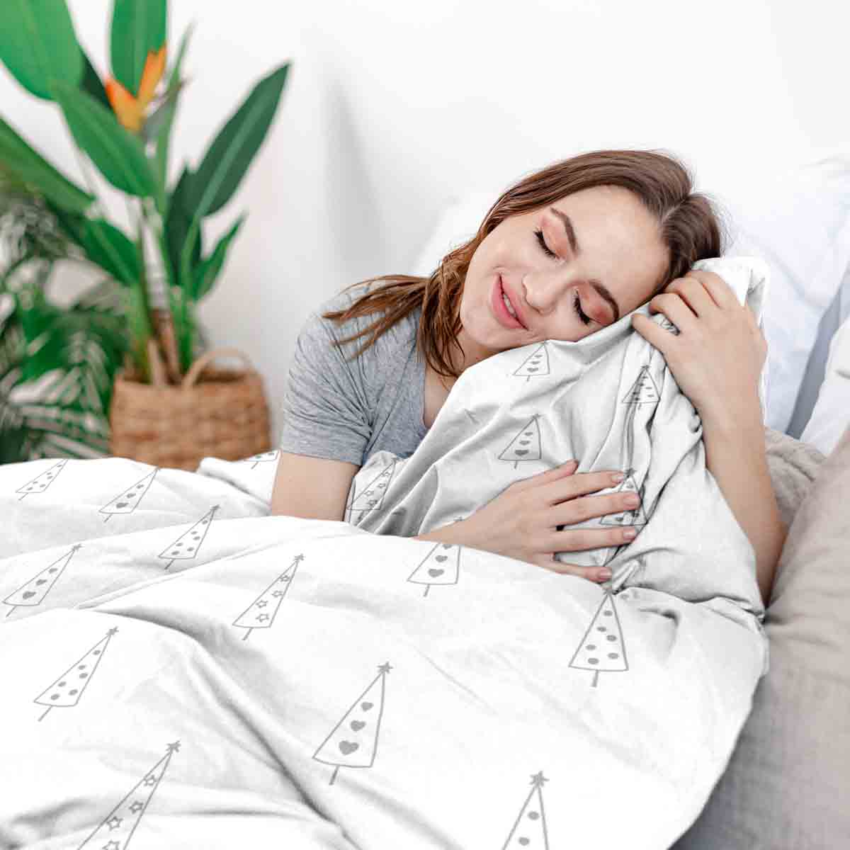 Therapy blankets bedding set white with gray fir trees