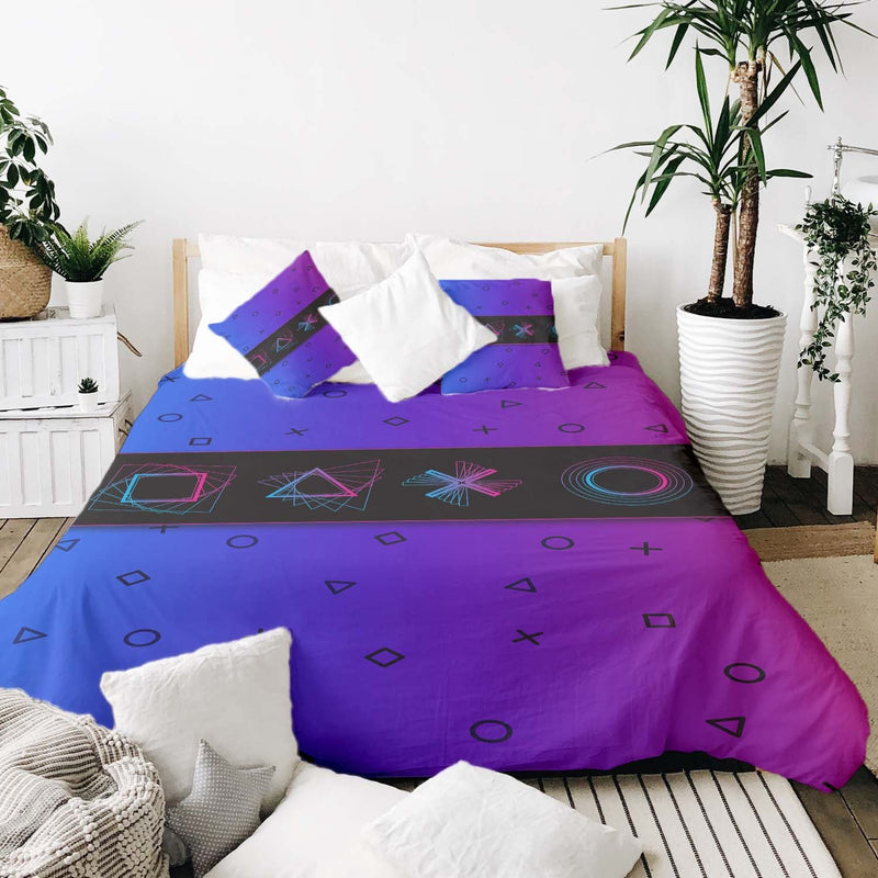 Therapy blanket bedding set, purple with shapes.