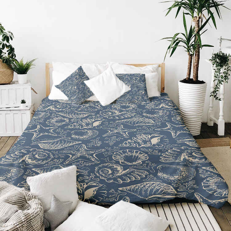 Therapy blanket and bedding set, blue with shells.