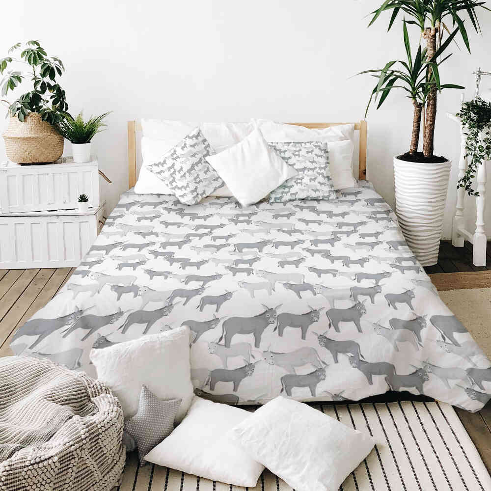 Set di biancheria da letto con coperte terapeutiche grigie con asini