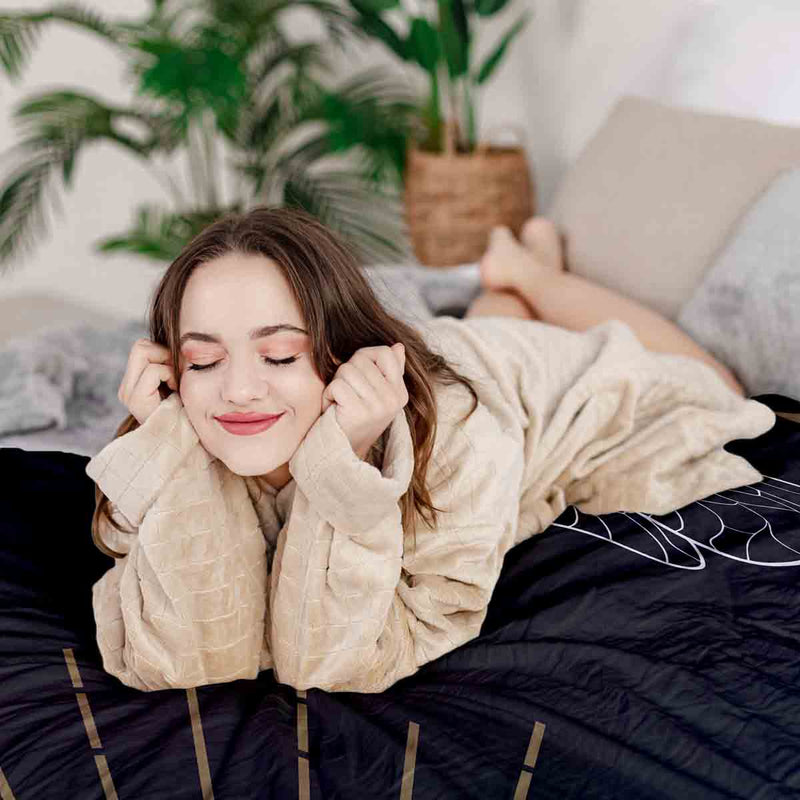 Set di biancheria da letto con coperta terapeutica nero con tarma