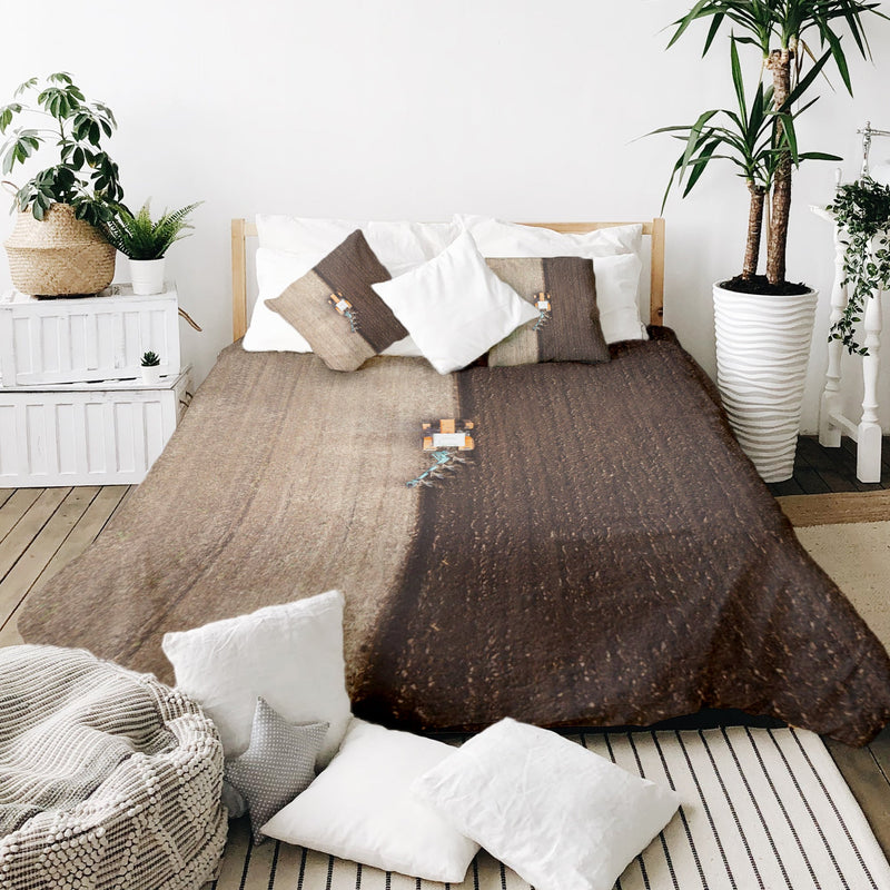Therapy blanket and bedding set, brown, farmland pattern.