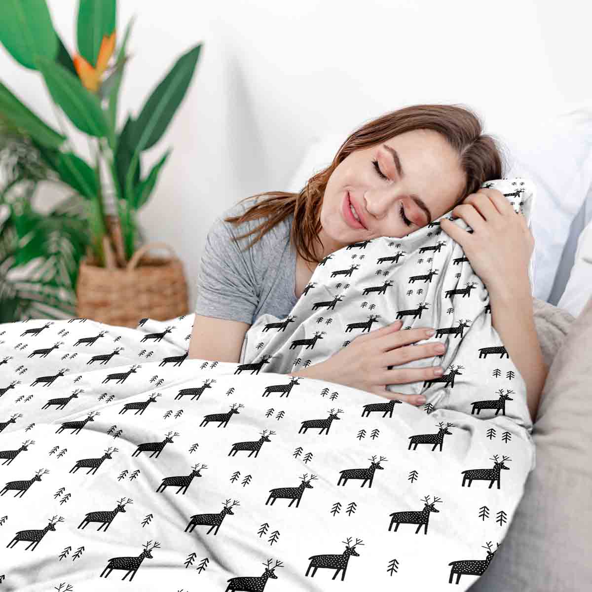 Couverture thérapeutique originale - Housse en coton blanc avec rennes
