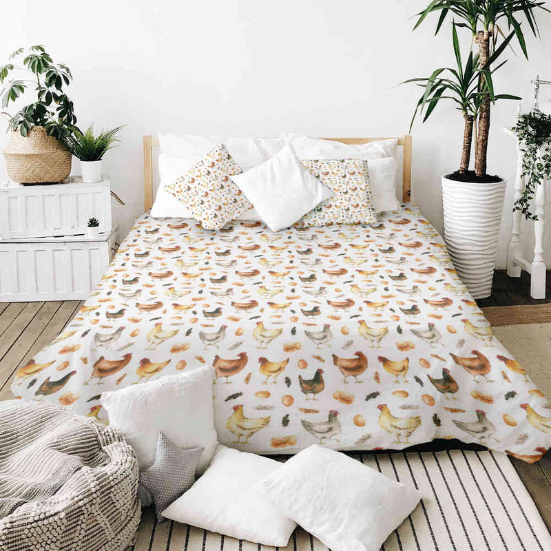 Therapy blanket bedding set, white with chickens.