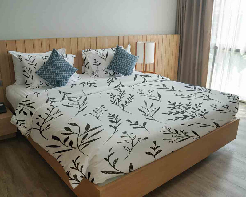 Therapy blanket bedding set, white with black branches.