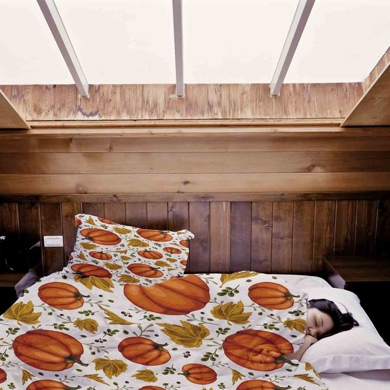 Therapy blanket and bedding set, white with large pumpkins.