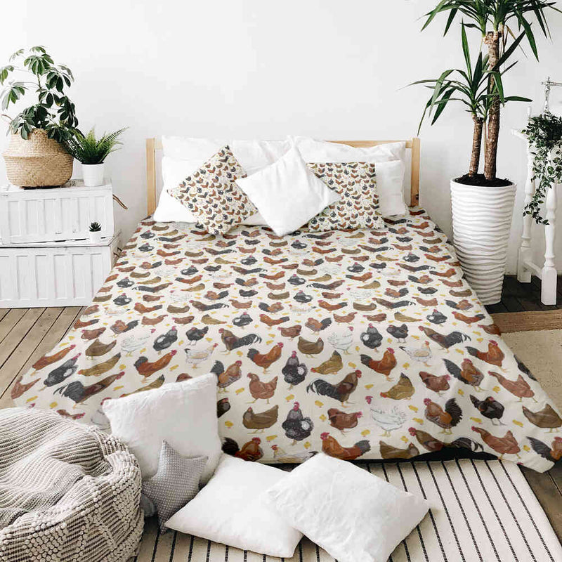 Therapy blanket bedding set, white with many chickens.