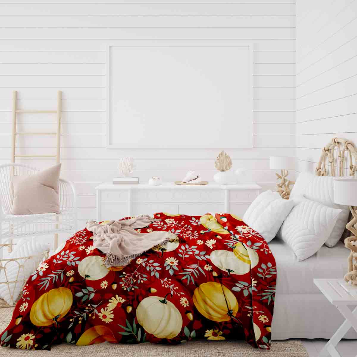 Juego de ropa de cama con manta terapéutica rojo con calabazas