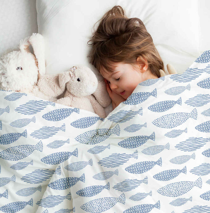 Therapy blanket and bedding set, blue fish design.