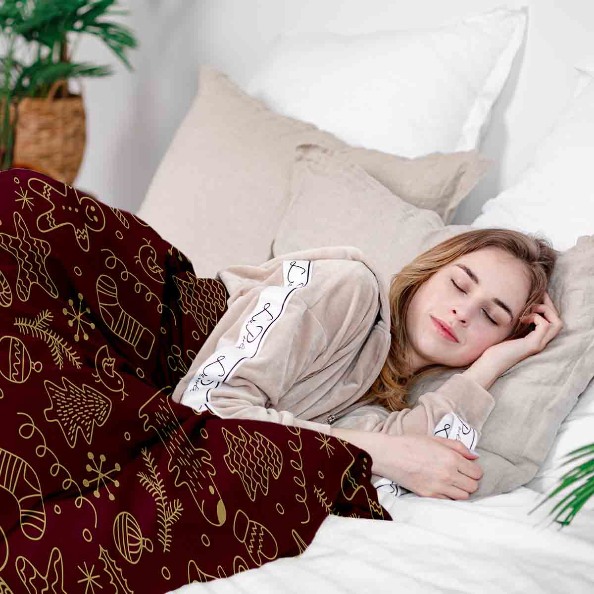 Juego de ropa de cama con manta terapéutica roja con divertidos motivos navideños