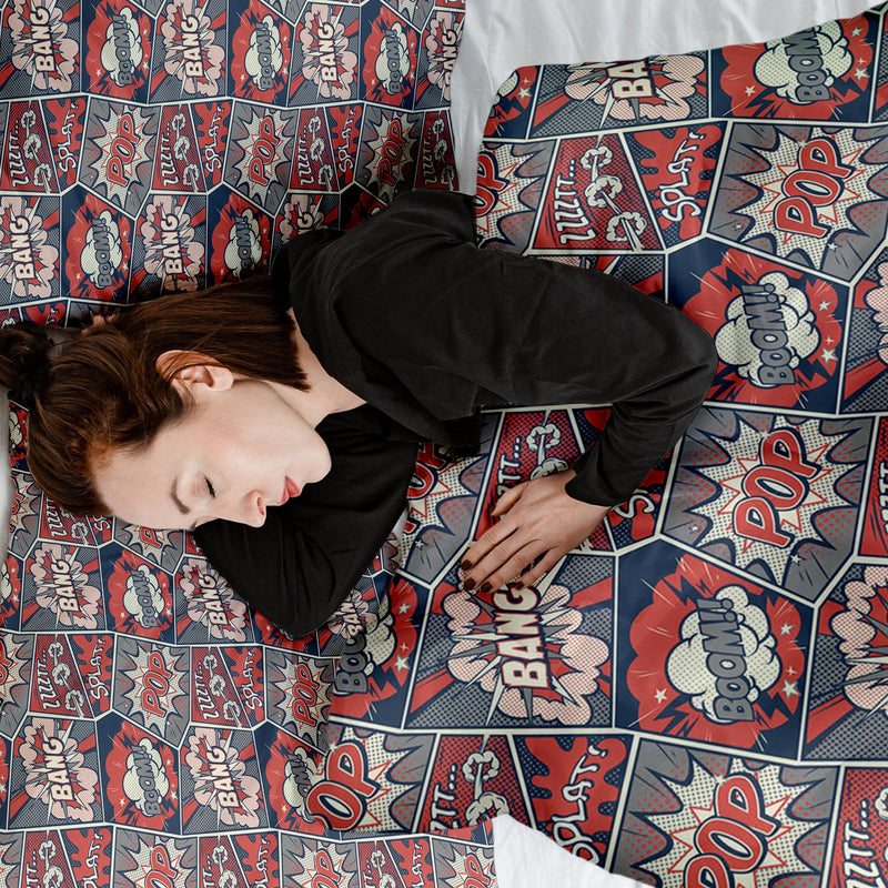 Set de ropa de cama con manta terapéutica roja con cómic