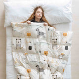 Therapy blanket bedding set, white with zoo animals.