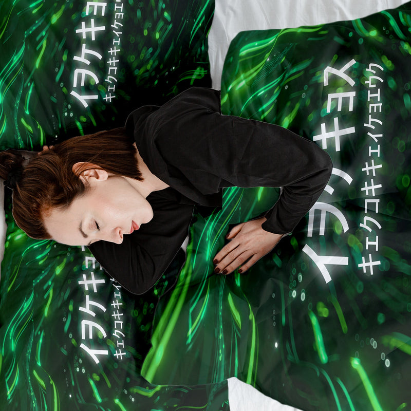 Therapy blanket and bedding set, green, with Chinese characters.