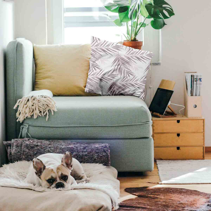 Health pillow, white with purple leaves.