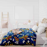 Therapy blanket and bedding set, blue with bouquet of flowers.