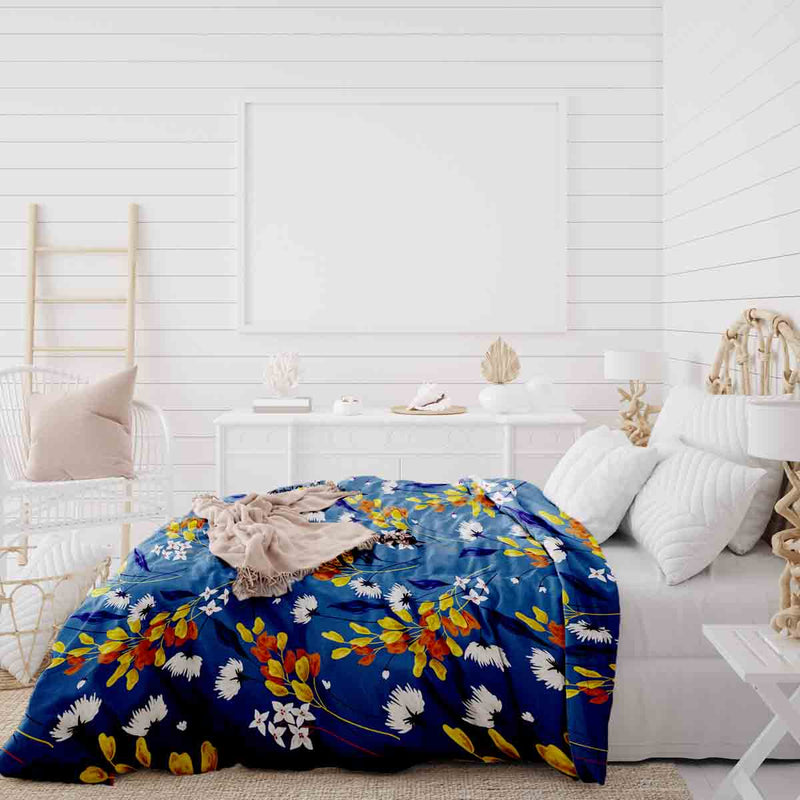 Therapy blanket and bedding set, blue with bouquet of flowers.