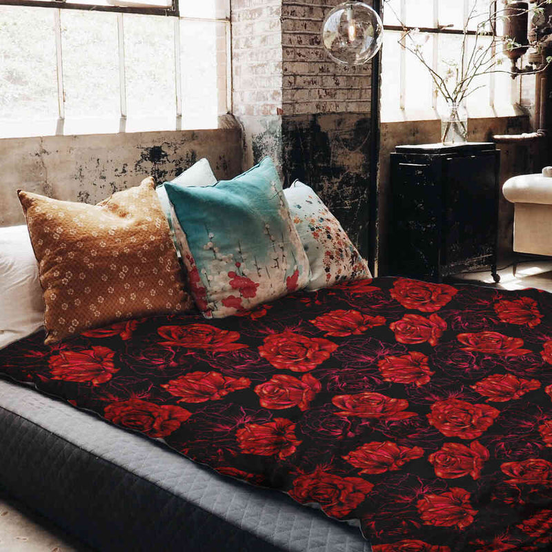 Juego de ropa de cama con manta terapéutica negro con rosas rojas