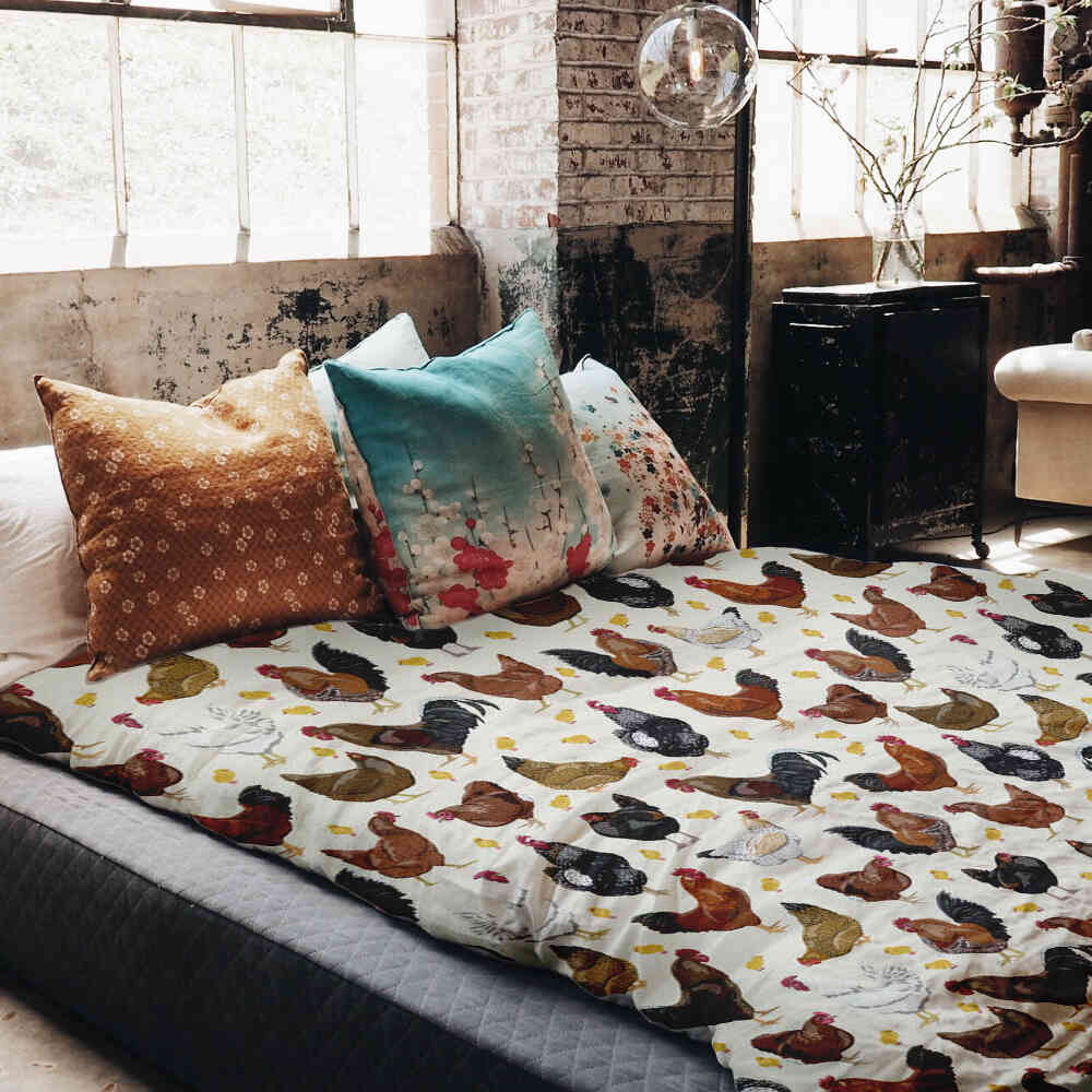 Therapy blankets bedding set white with many chickens