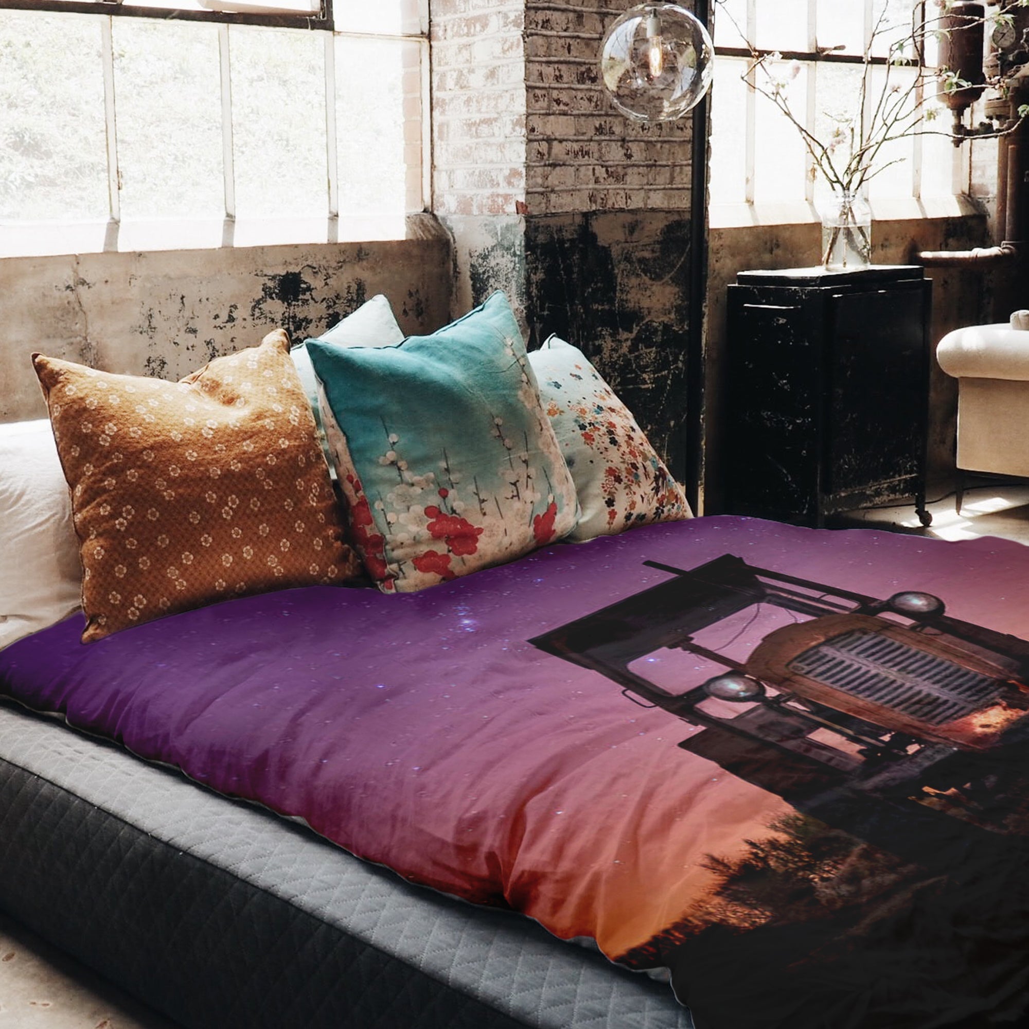 Therapy blankets bedding set purple with tractor