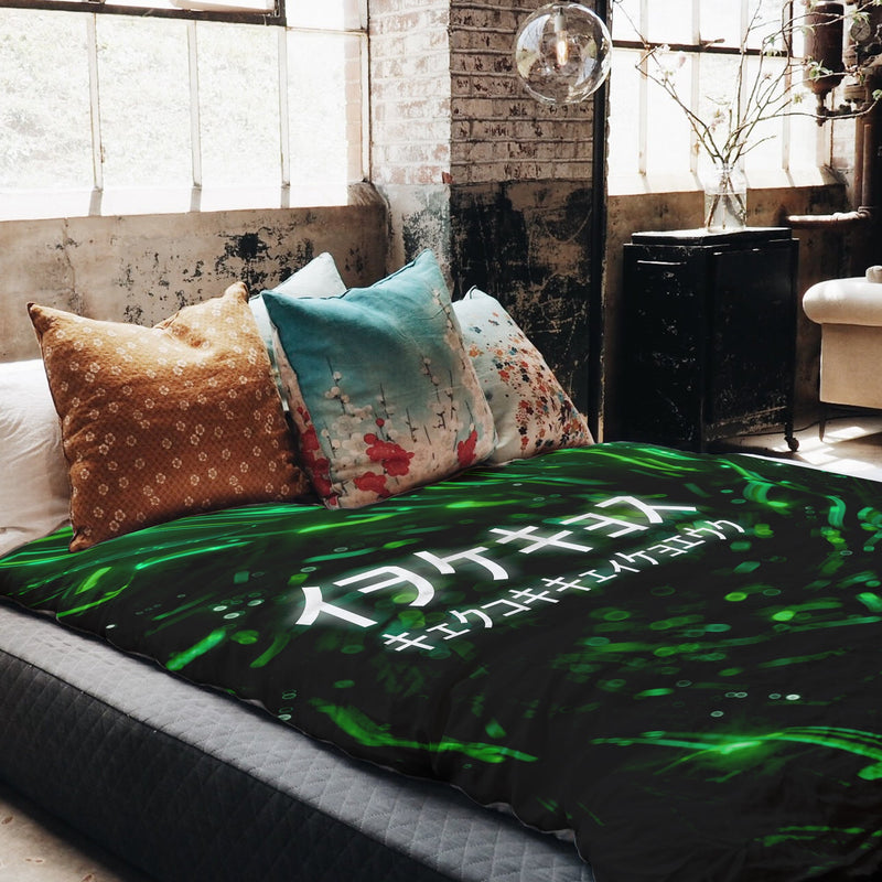 Therapy blanket and bedding set, green, with Chinese characters.