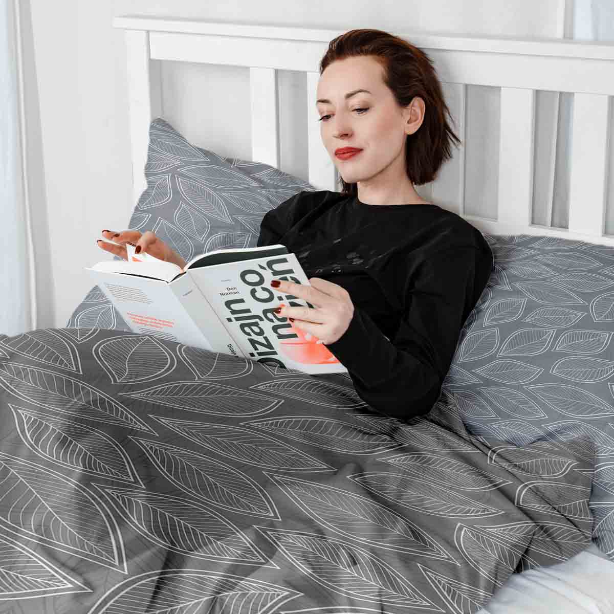 Couverture thérapeutique originale - Housse en coton grise avec feuilles de palmier blanches