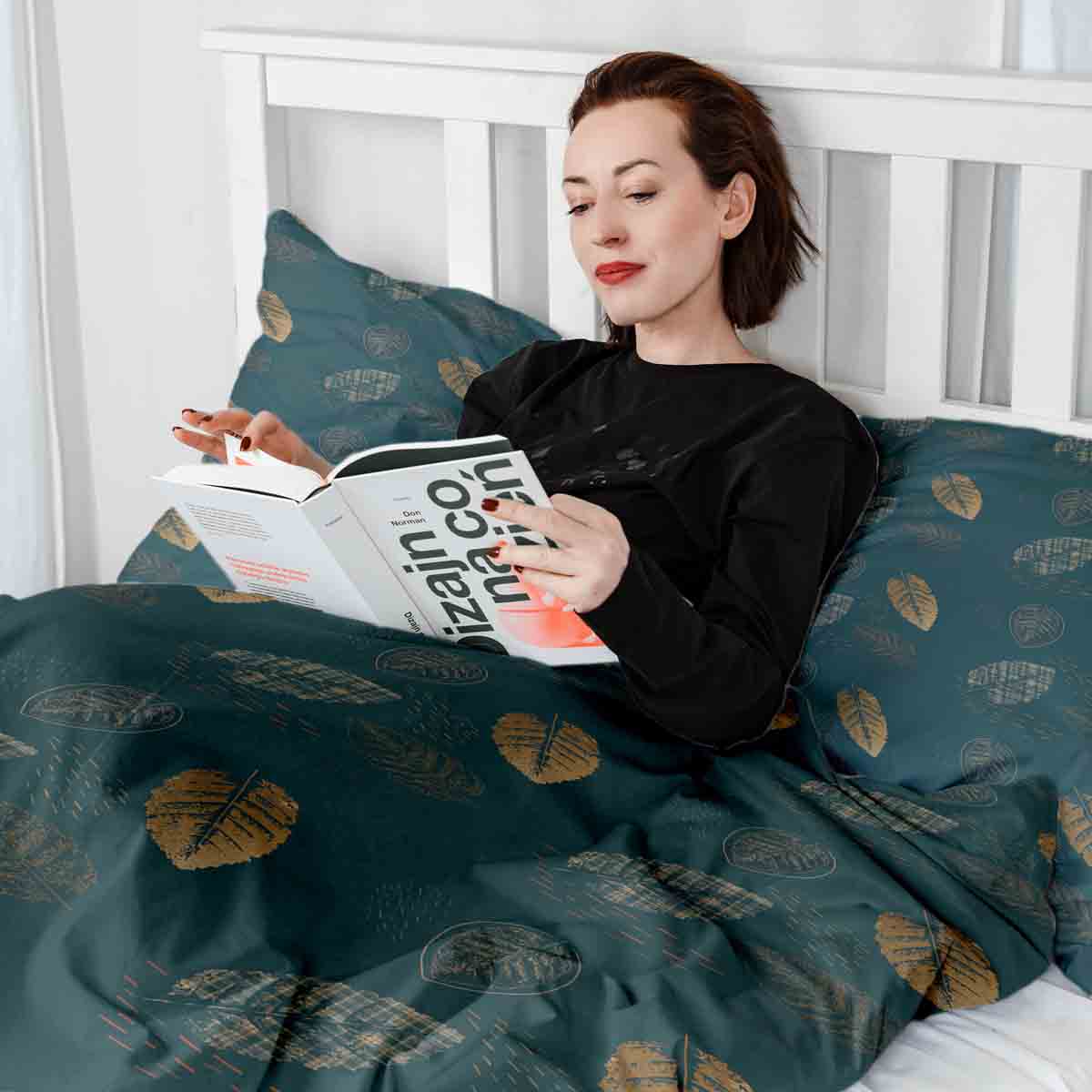 Set di biancheria da letto con coperta terapeutica verde con foglia dorata