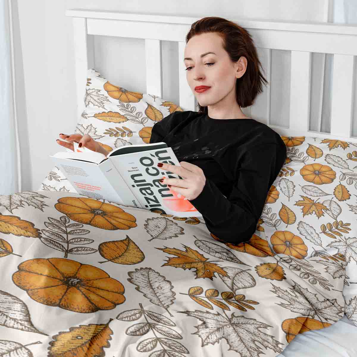 Therapy blankets bedding set white with leaf and pumpkin