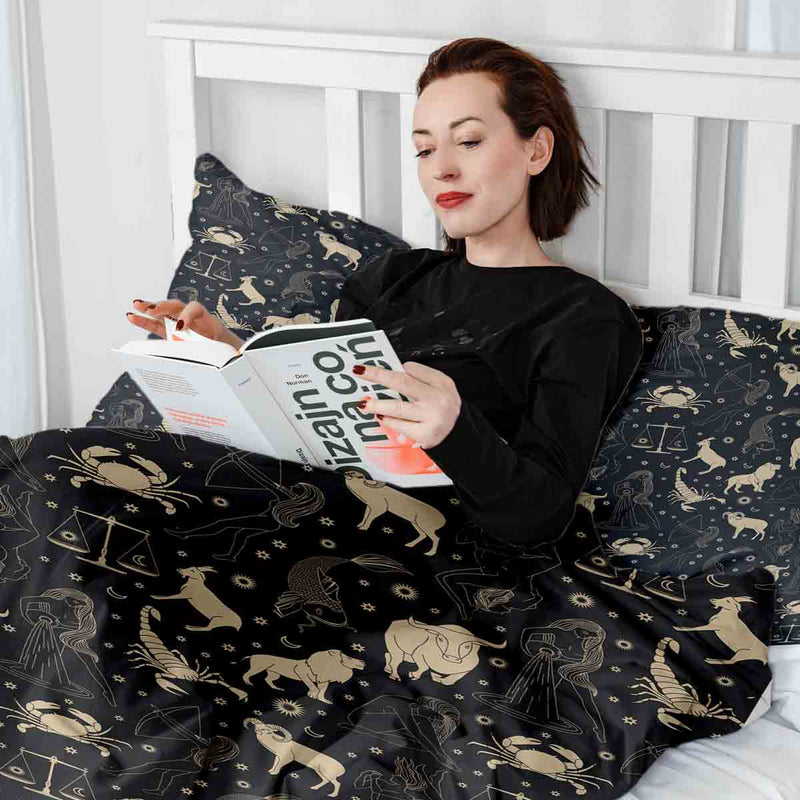 Set di biancheria da letto con coperta terapeutica nero costellazioni
